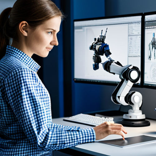 기계설계분야에서의 연구와 실무 결합 - **Prompt:** A brightly lit, modern engineering design studio. A female mechanical engineer, fully cl...