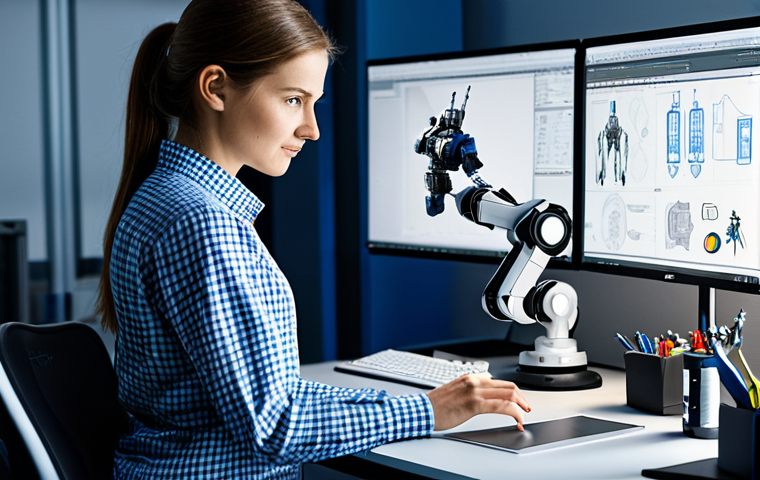 기계설계분야에서의 연구와 실무 결합 - **Prompt:** A brightly lit, modern engineering design studio. A female mechanical engineer, fully cl...