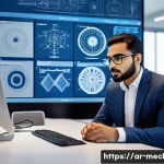 기계설계기사와 전산응용기계제도기능사 차이점 - A detailed scene depicting an Arab mechanical design engineer in a modern office environment, wearin...