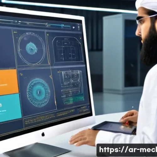 기계설계기사와 고객 맞춤형 설계 사례 - A detailed mechanical engineering workspace scene showcasing an Arabic engineer collaborating with a...