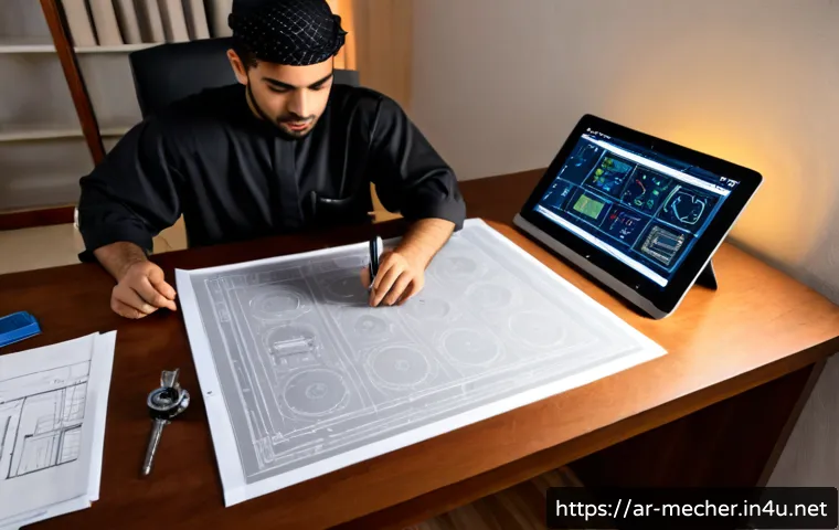 Home 17 기계설계기사 자격증 취득 실패 후 재도전 - Photorealistic Arab mechanical engineering graduate at a tidy home desk after an unsuccessful certif...