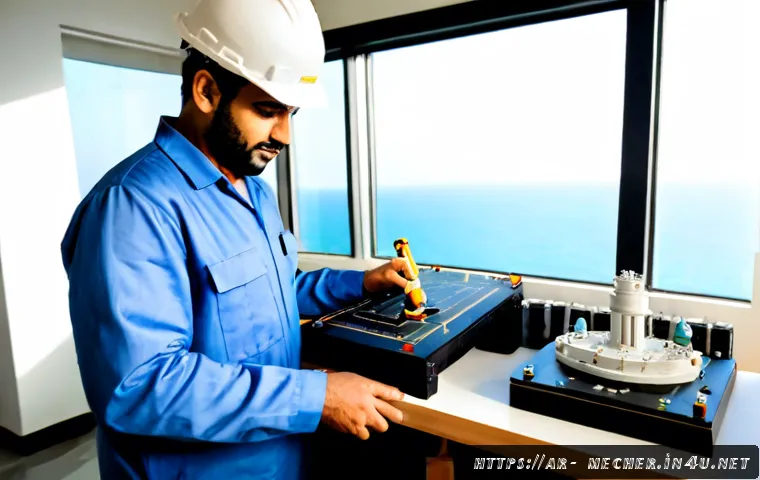 Home 17 기계설계기사와 해양 구조물 설계 - Photorealistic Arab mechanical engineer in modest professional workwear and safety helmet, reviewing...